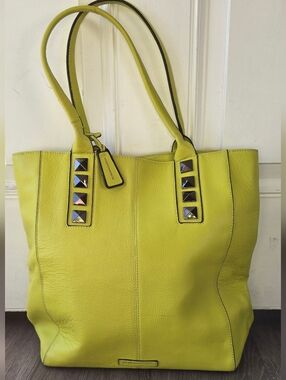 BCBGMAXAZRIA Lime Green Leather Studded Tote Bag Large Statement Chic